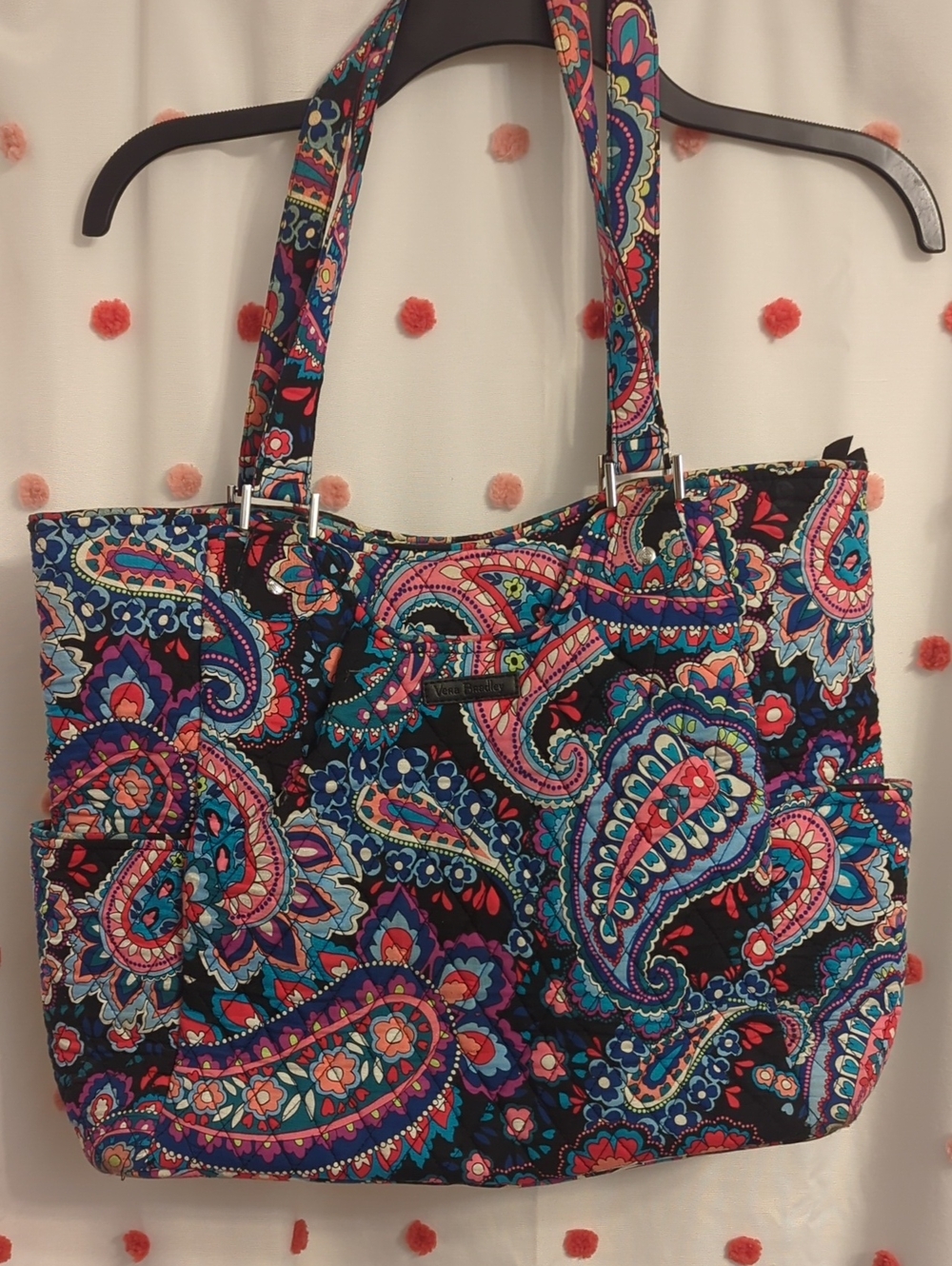 Vera Bradley Quilted Paisley Tote in Black with Turquoise, Pink & Purple